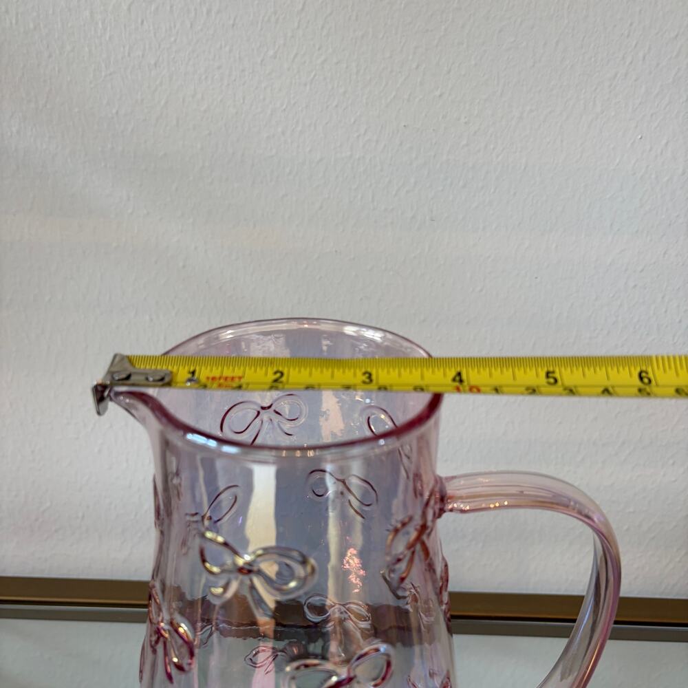 BellaLux Embossed Bow PINK Luster Glass Pitcher 9.25in Chic Barware NEW - Picture 8 of 11